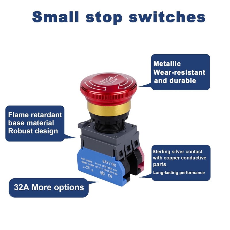 MARSTEK Emergency Stop Button with Box 10 Amp 22mm Latching Push Button Switch, Aluminum Alloy Round Emergency Stop Switch, IP65 Waterproof E Stop Emergency Shut Off Switch, 1NO 1NC 440V (32A Box) - Image 4